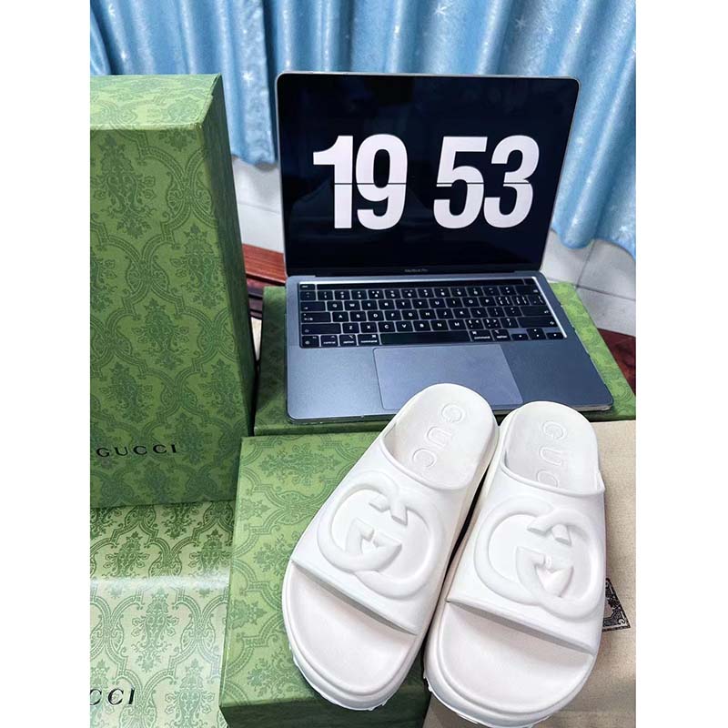 Gucci Women GG Slide Sandal Interlocking G Off White Rubber Low Heel