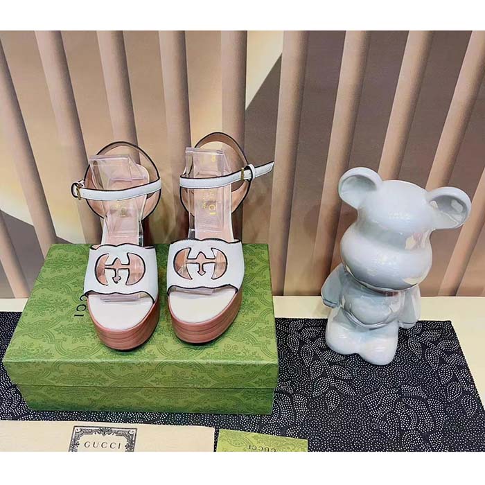 Gucci Women GG Interlocking G Sandal White Leather Wooden High 12 Cm Heel