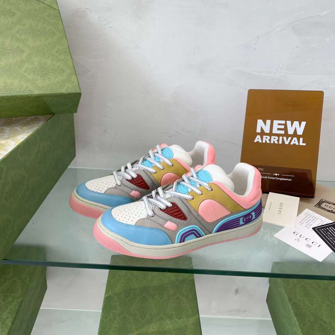 Gucci Unisex Basket Sneaker Blue Demetra White Mesh Rubber Interlocking G Low Heel