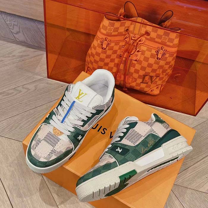 Louis Vuitton Unisex LV Trainer Sneaker Green Damier Grained Calf Leather Rubber Monogram Flowers