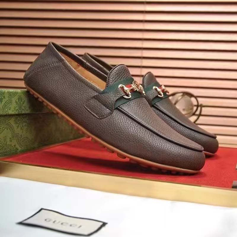 Gucci Men Leather Driver Web Cocoa Soft Calf Enameled Interlocking G Horsebit