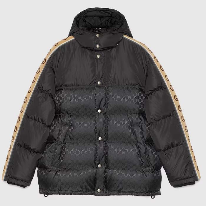 Gucci Women GG Black Jacquard Nylon Padded Coat Camel Brown Interlocking G Stripe Down Goose Feather