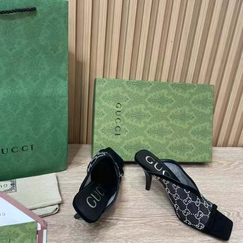 Gucci Women GG Sandal Black Mesh GG Crystals Square Toe Mid-Heel