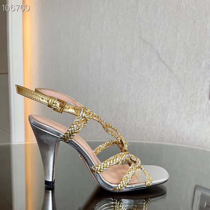 Gucci Women GG Nojum High Heel Sandal Metallic Platinum Silver Braided Leather 9 CM