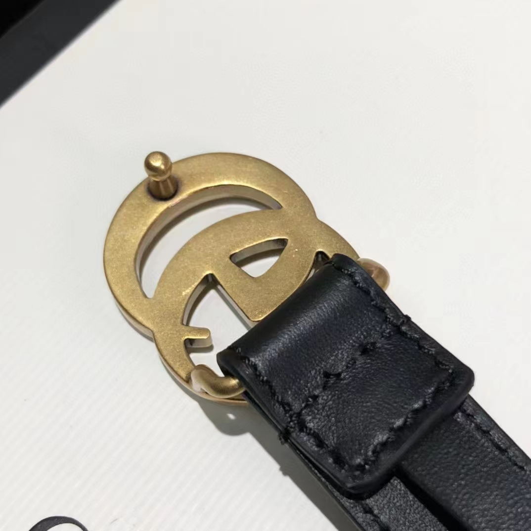 Gucci Unisex GG Leather Belt Double G Buckle Black Leather 2 CM Width