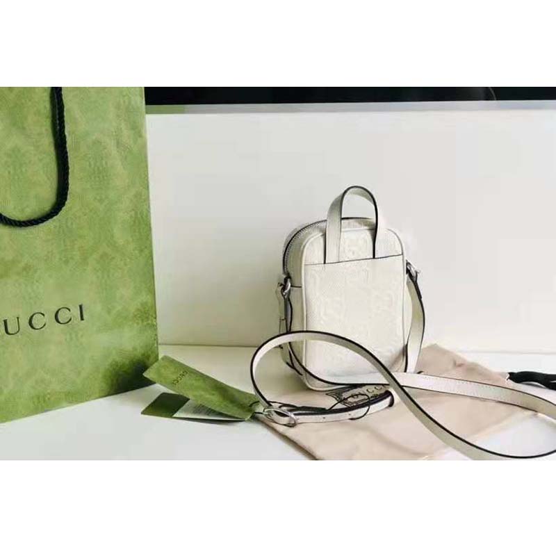 Gucci GG Unisex Embossed Mini Bag White Leather Cotton Linen