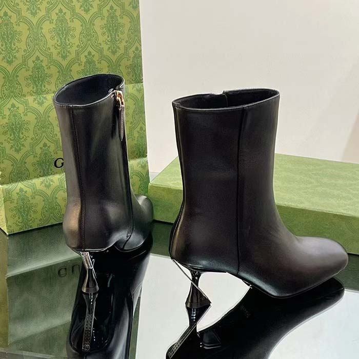Gucci Women GG Ankle Boot Black Leather Geometric Heel Metal Inserts High-Heel