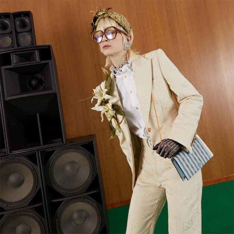 Gucci Women Double G Mini Bag Chain Blue Stripe Print Beige Ebony GG Supreme Canvas