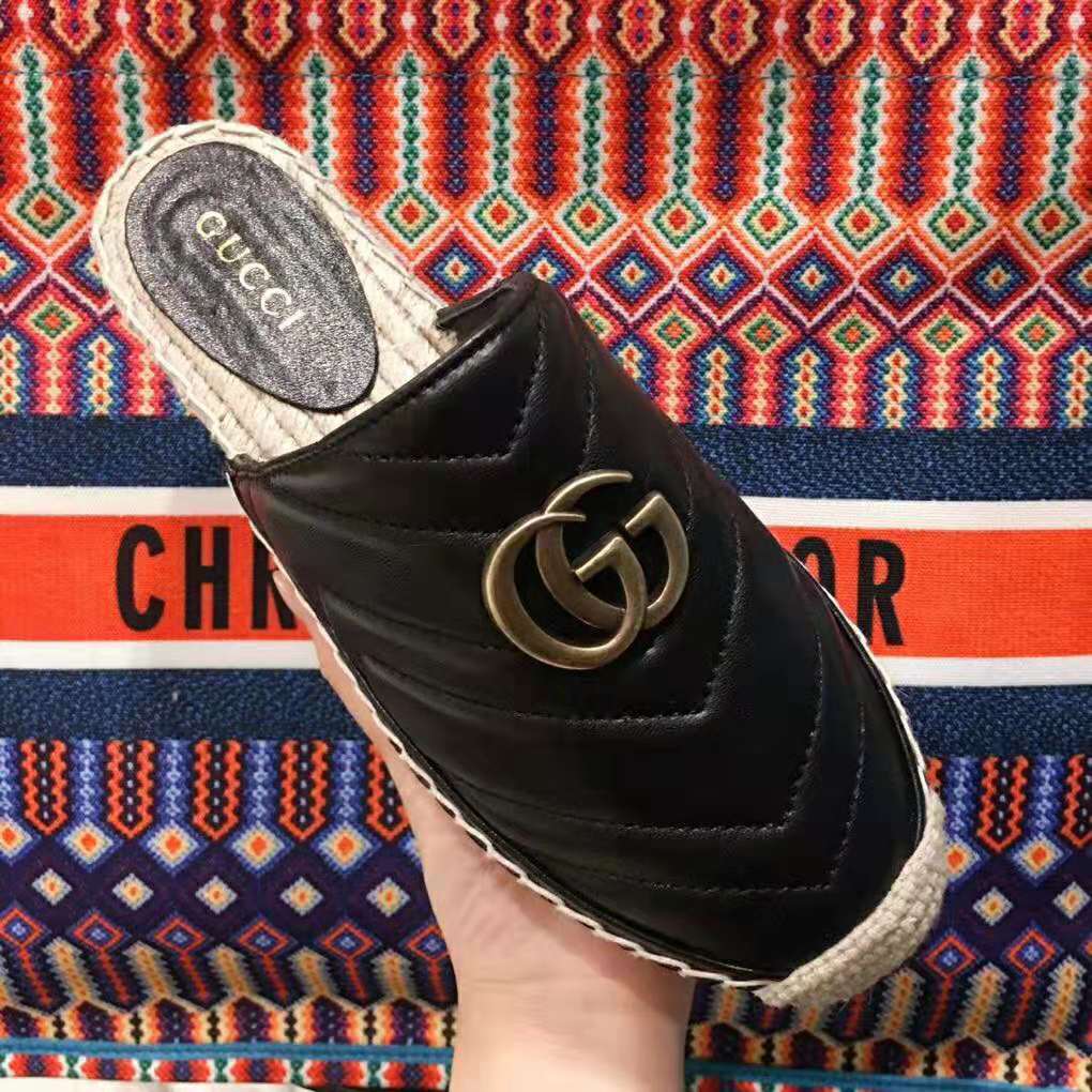 Gucci Women Leather Espadrille with Double G in 2 cm Height-Black