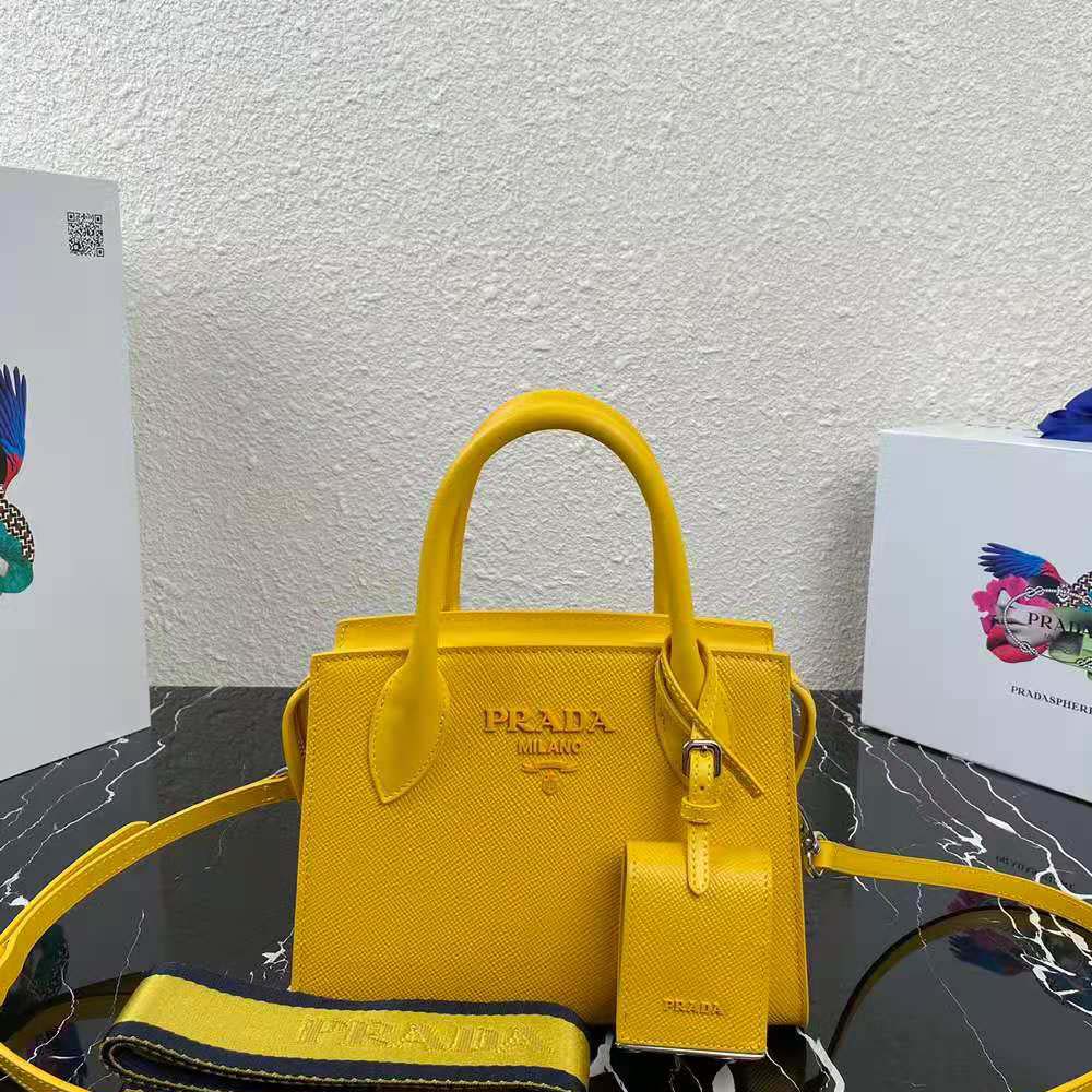 Prada Women Saffiano Leather Prada Monochrome Bag-Yellow