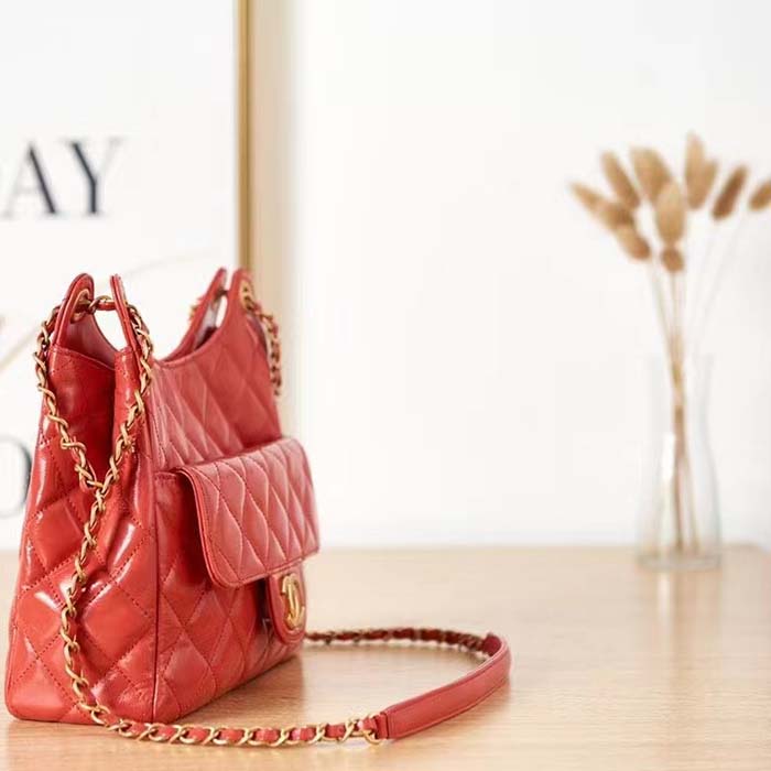 Chanel Women CC Hobo Handbag Shiny Crumpled Calfskin Gold-Tone Metal Red