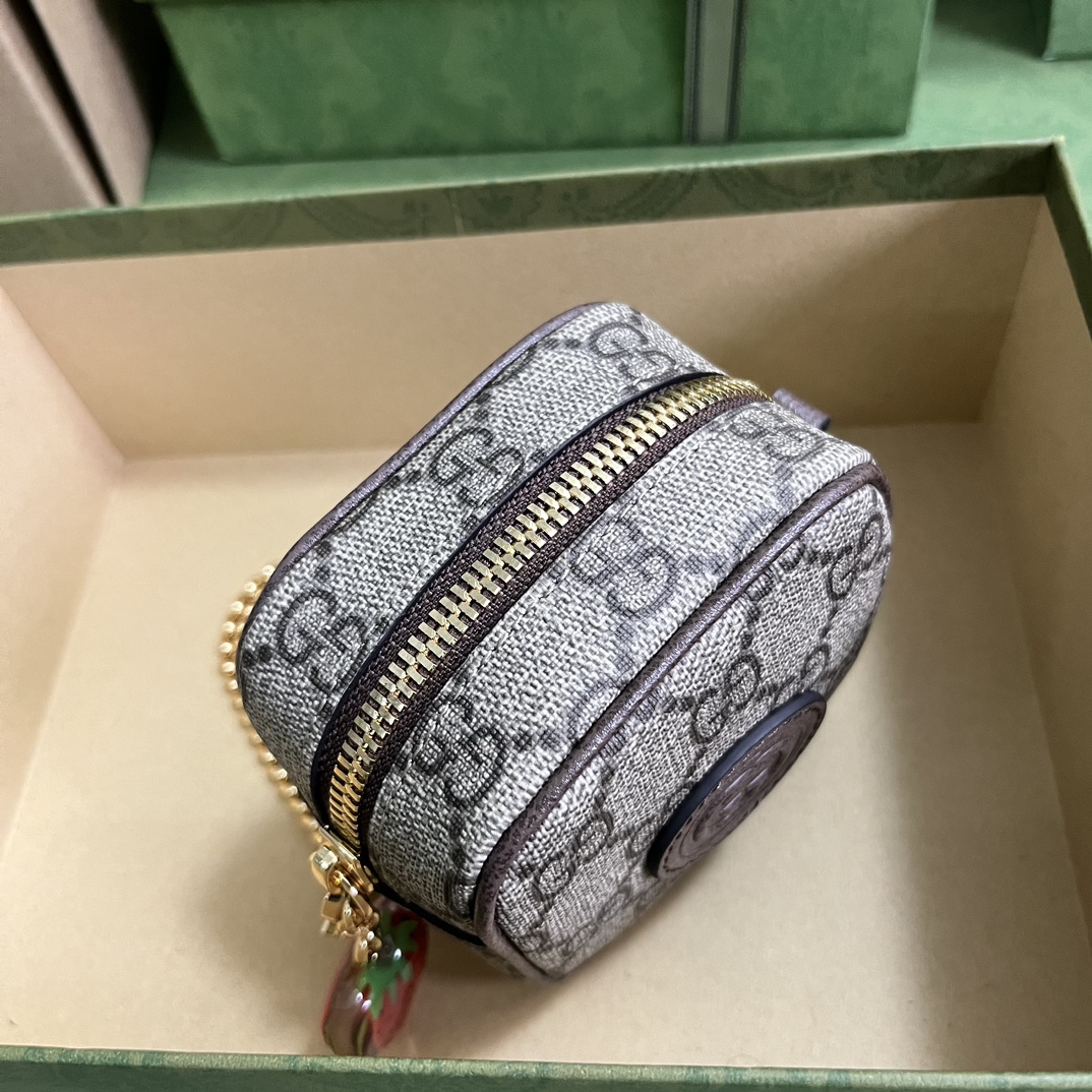 Gucci Unisex Coin Purse Double G Strawberry Beige Ebony GG Supreme Canvas