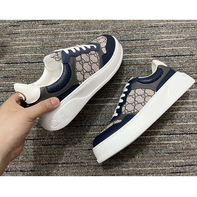 Gucci Unisex GG Sneaker Beige Blue Supreme Canvas Rubber Mid 5.5 Cm Heel