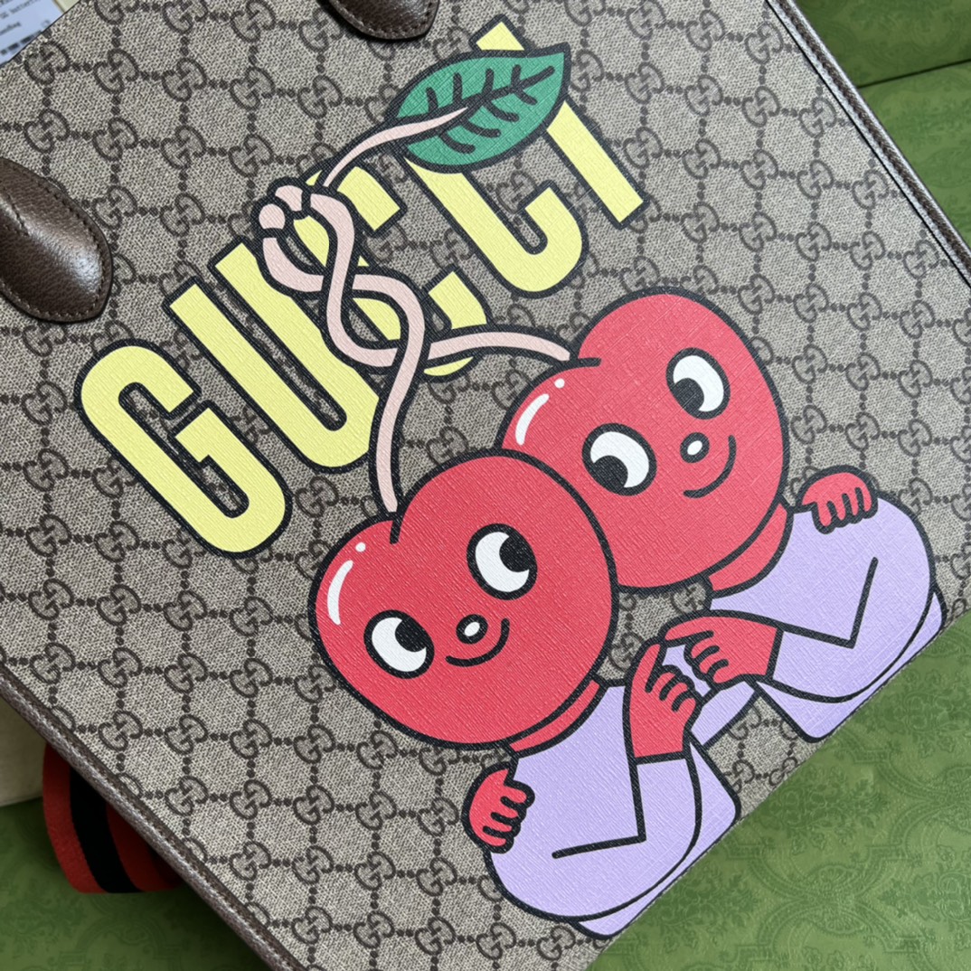 Gucci Unisex GG Cherry Print Medium Tote Beige Ebony GG Supreme Canvas