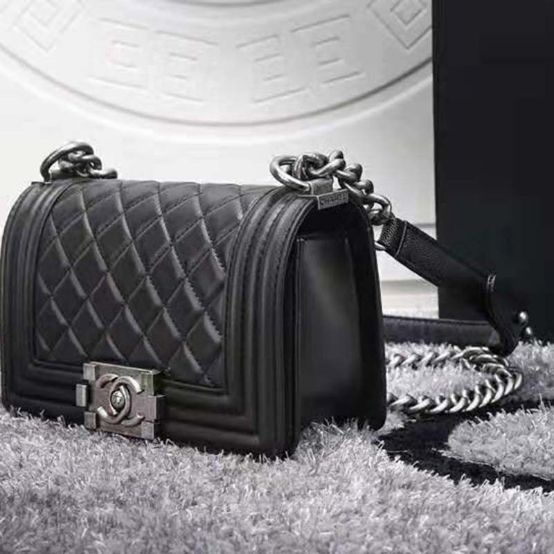 Chanel Women Small Boy Chanel Handbag in Calfskin Leather-Black