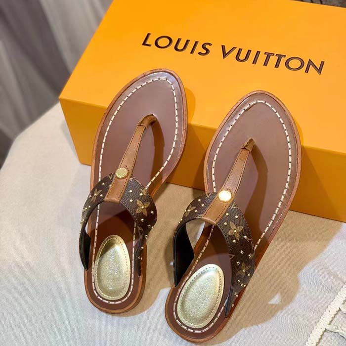 Louis Vuitton LV Sunny Flat Thong Gold Perforated Monogram Canvas Leather Outsole