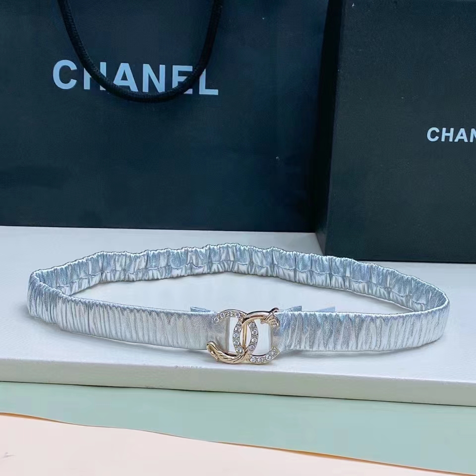 Chanel CC Women Belt Lambskin Gold-Tone Metal Strass Silver