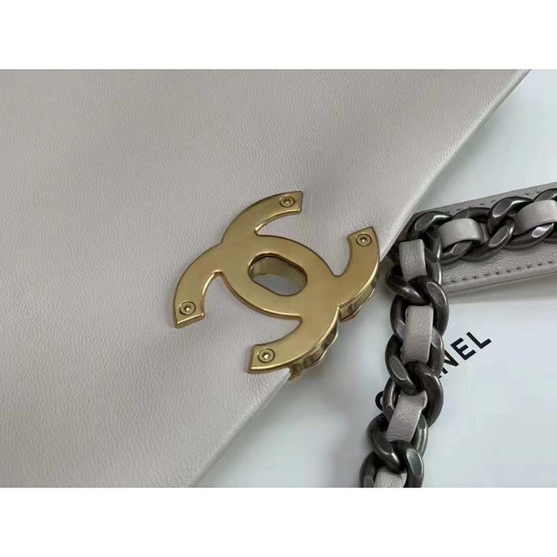 Chanel Women CC 19 Flap Bag Calfskin Gold Silver-Tone Metal White
