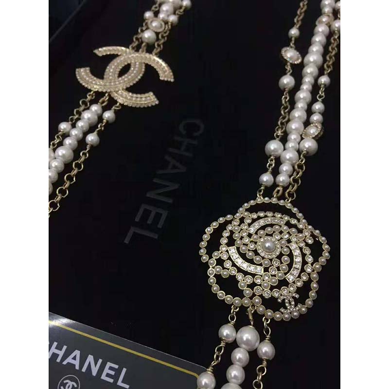 Chanel Women Long Necklace in Metal Glass Pearls & Diamantés-White
