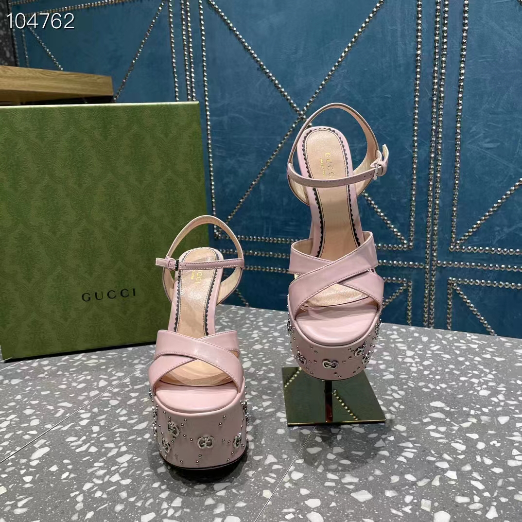 Gucci Women GG Interlocking G Studs Sandal Pink Leather Spool High 15 Cm Heel