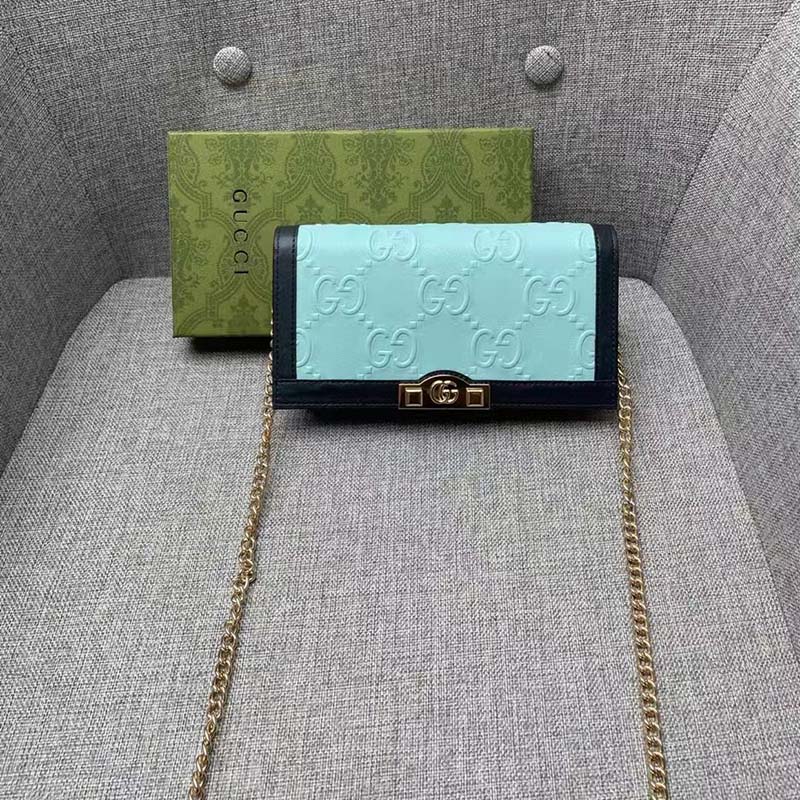 Gucci Women GG Wallet Chain Light Blue GG Leather Dark Blue Double G