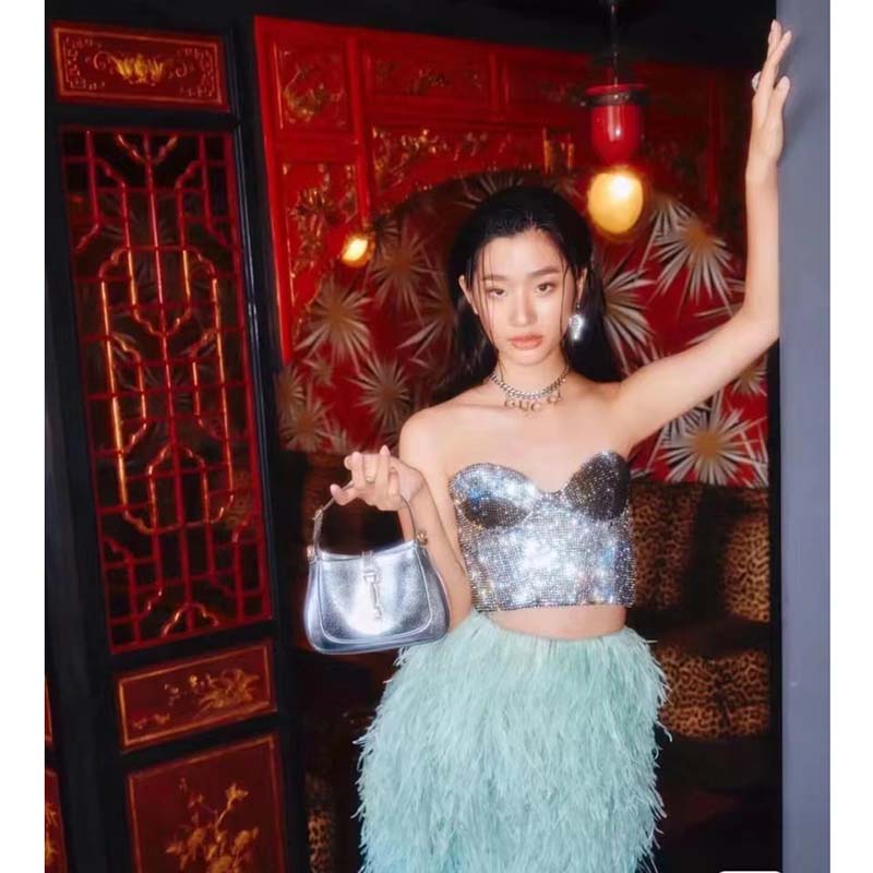 Gucci Women Jackie 1961 Lamé Mini Bag Silver Lamé Leather