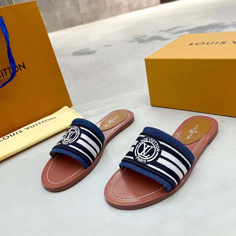 Louis Vuitton LV Women Lock It Flat Mule Blue Denim Leather LV Circle