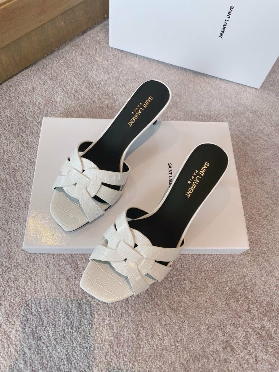 Saint Laurent Womens Tribute Heeled Mules White For Women 0425020834