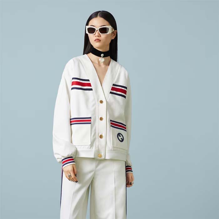Gucci Women GG Technical Jersey Cardigan Web White V-Neck Dropped Shoulder Long Sleeves