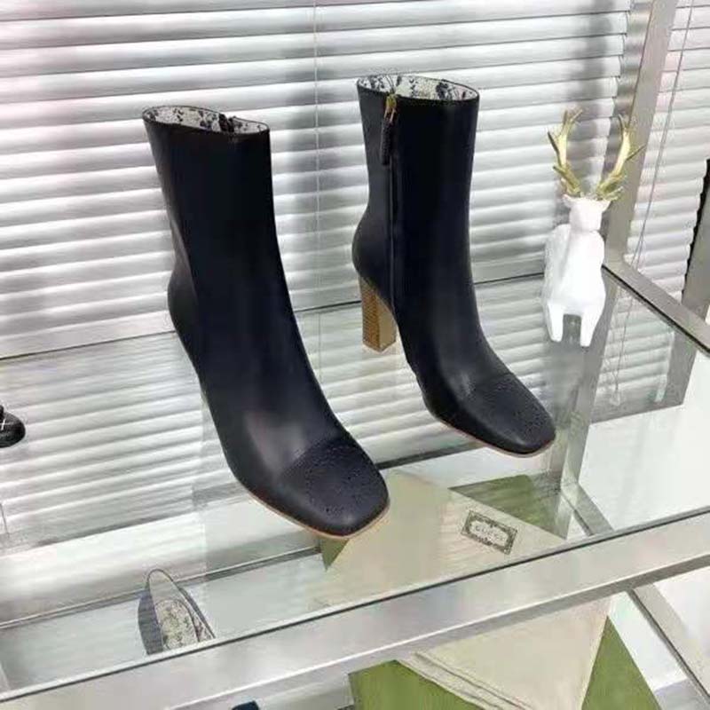 Gucci GG Women Ankle Boot with Interlocking G Black Leather 9 cm Heel