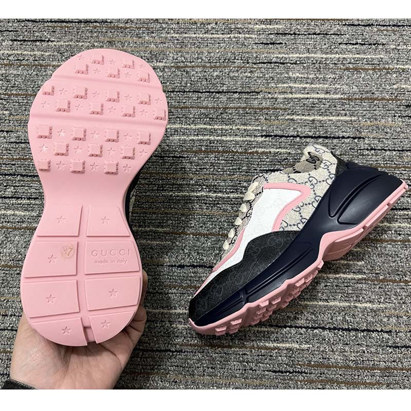 Gucci Unisex Rhyton Sneaker Beige Blue GG Supreme Canvas Rubber Sole Mid Heel