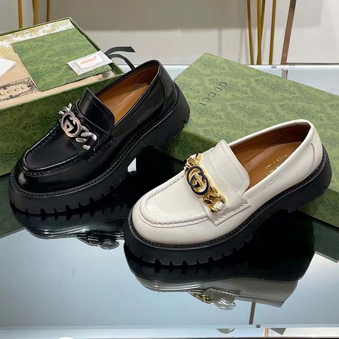 Gucci Women GG Lug Sole Loafer White Leather Interlocking G Chain Rubber Flat