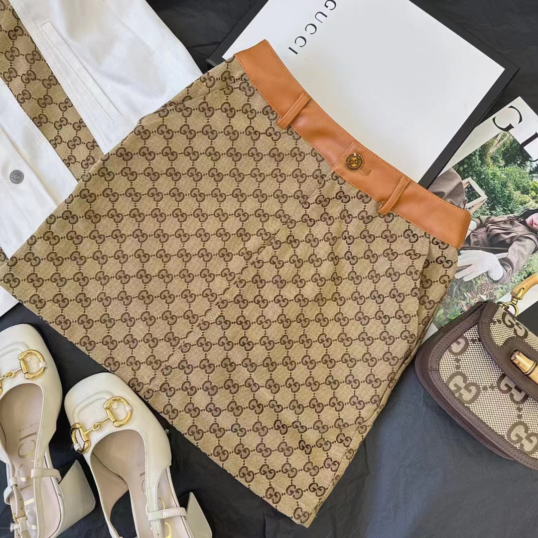 Gucci Women GG Canvas Skirt Camel Ebony Brown Leather Unlined Fitted Waistband Belt Loops