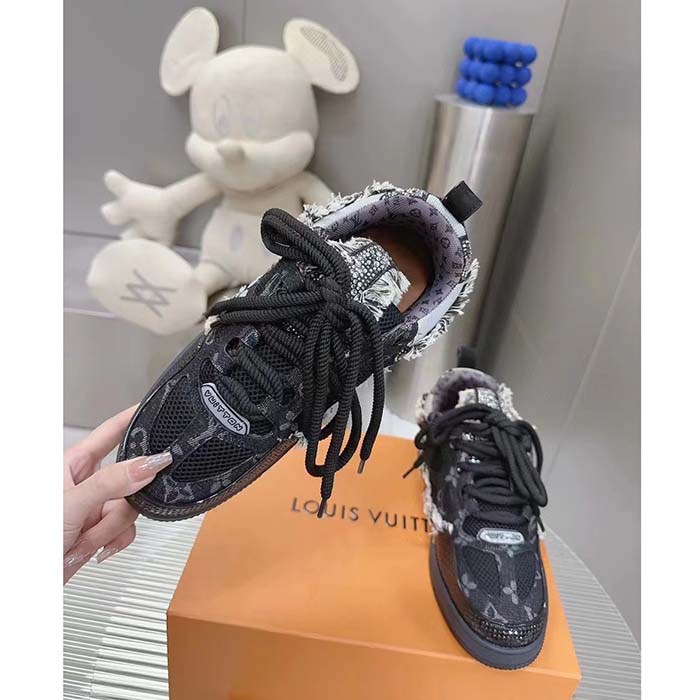 Louis Vuitton Unisex LV Skate Sneaker Black Swarovski Crystals Monogram Denim Double Laces Rubber