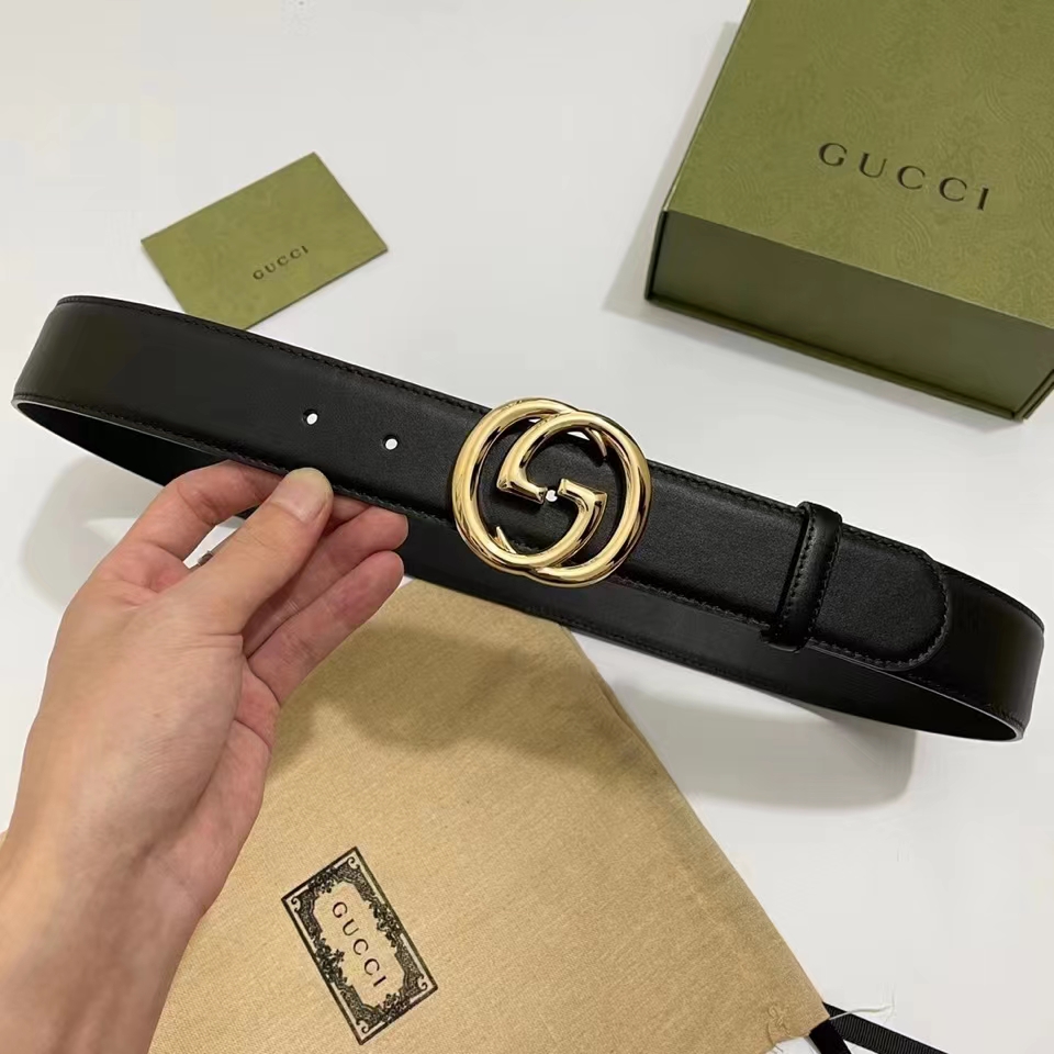 Gucci Unisex Blondie Belt Black Leather Round Interlocking G Buckle 4 CM Width