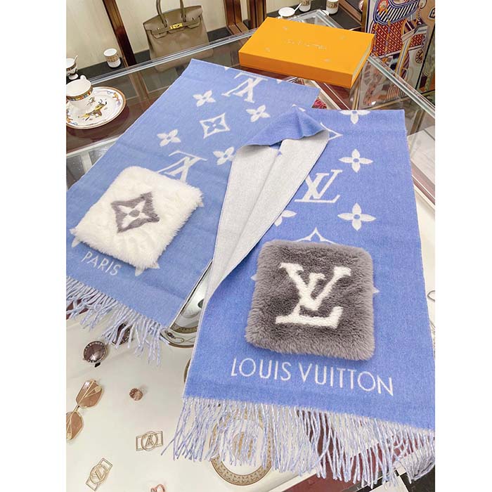 Louis Vuitton LV Unisex Cold Reykjavik Scarf Denim Blue Allover Monogram Flowers Cashmere
