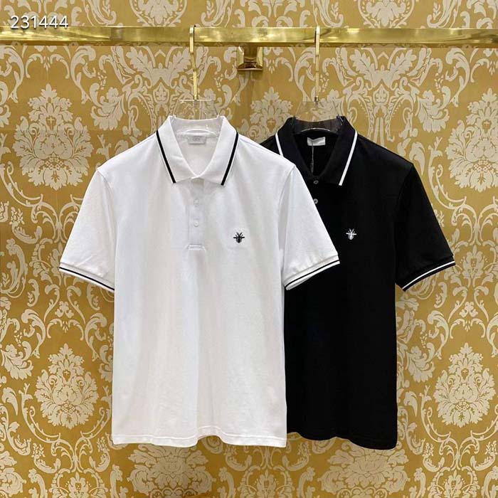 Dior Men CD Polo Shirt Bee Embroidery White Cotton Piqué
