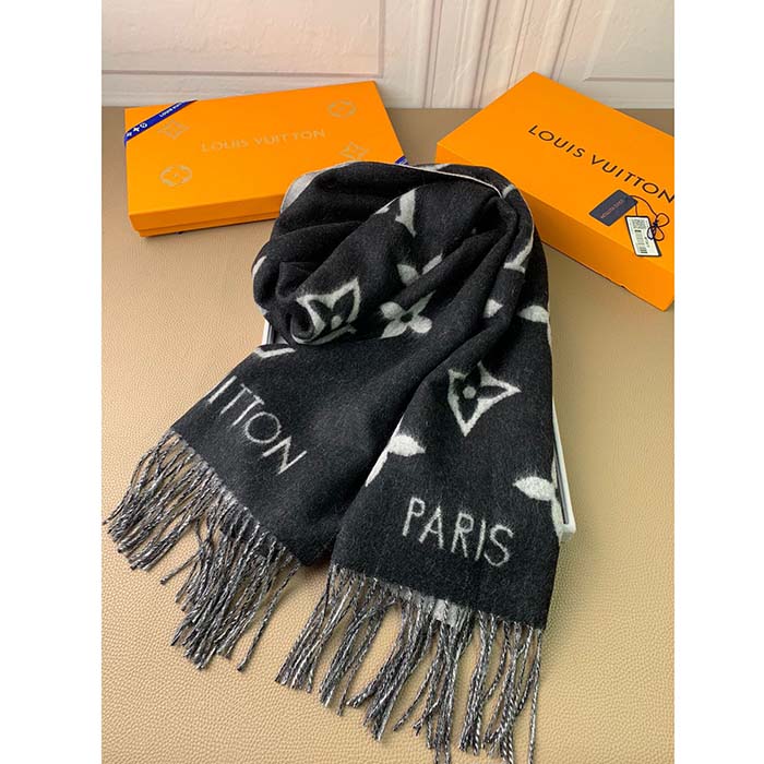 Louis Vuitton LV Unisex Reykjavik Scarf Black Soft Cashmere Monogram Pattern