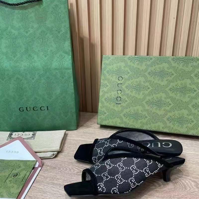 Gucci Women GG Sandal Pump Black Mesh GG Crystals Mid 8 cm Heel