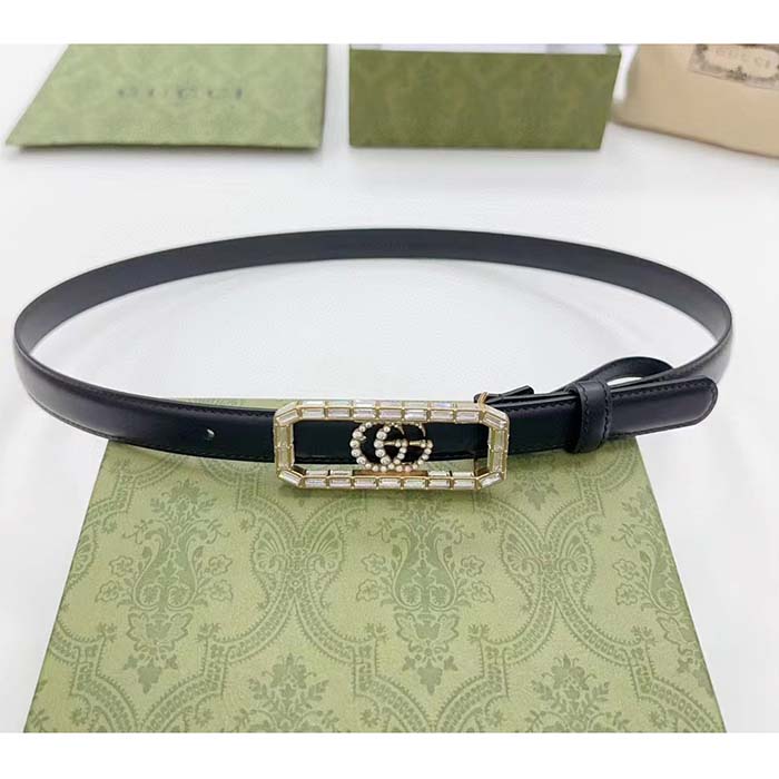 Gucci Unisex GG Thin Belt Crystal Double G Buckle Black Leather 2 CM Width