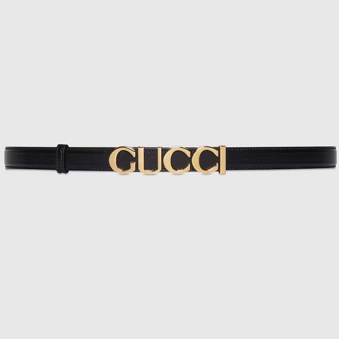 Gucci Unisex Buckle Thin Belt Black Leather Gold-Toned Hardware 2 CM Width