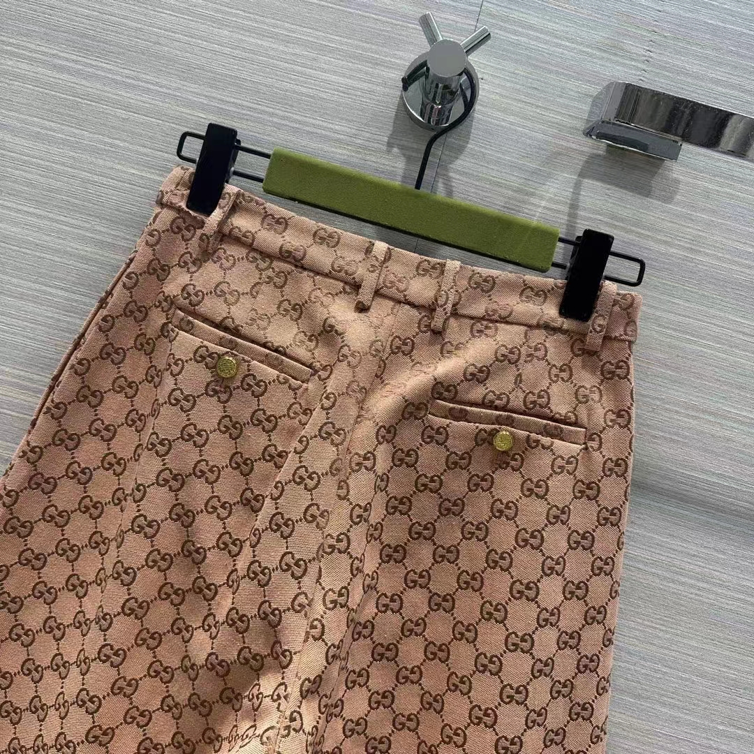 Gucci Women GG Canvas Print Camel Ebony Belt Loops Wide Leg Cropped Length