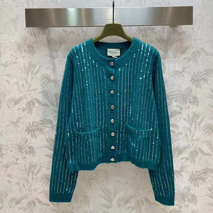 Gucci Women GG Mohair Silk Cardigan Teal Blend Sequin Embroidery Crewneck Long Sleeves
