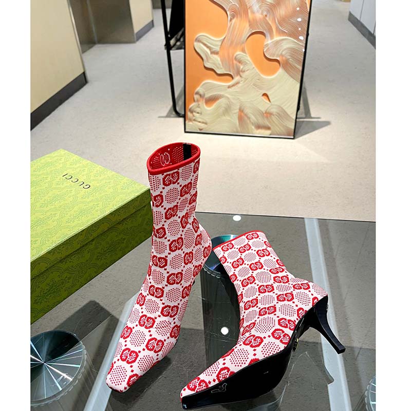 Gucci Women GG Knit Ankle Boots Pink Red GG Technical Fabric Leather Mid-Heel
