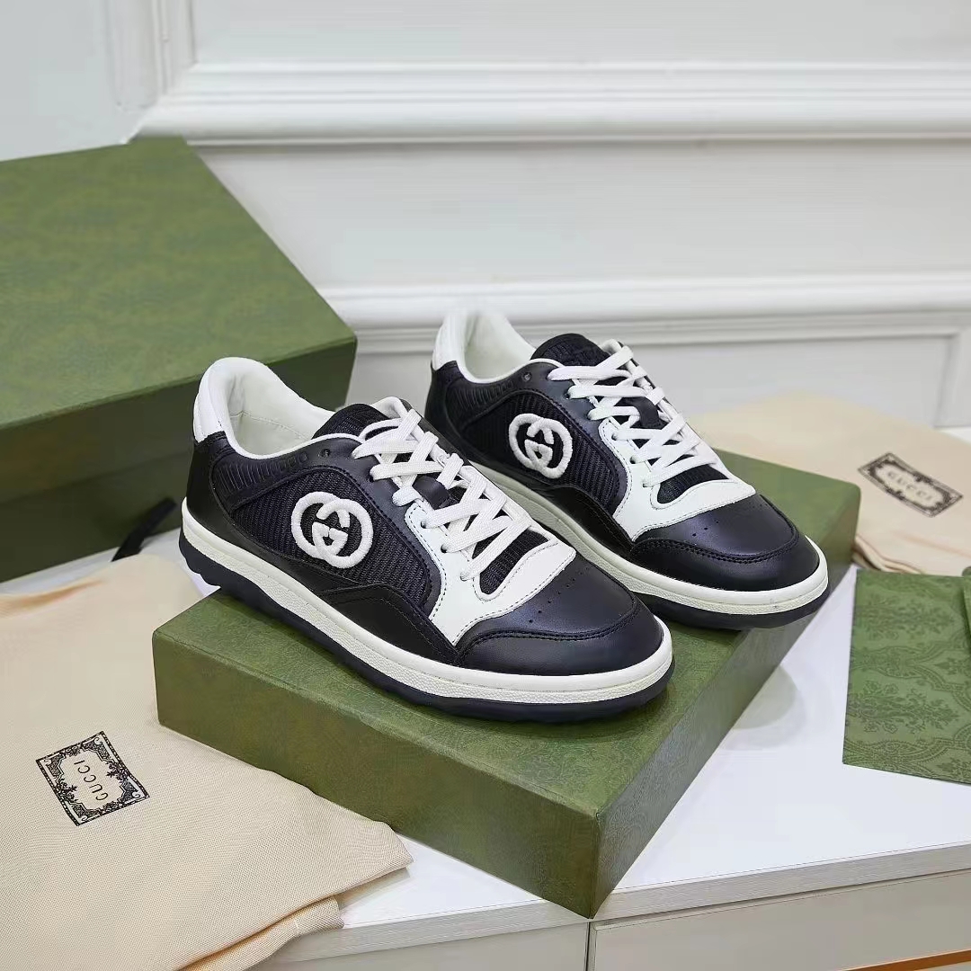 Gucci Unisex GG MAC80 Sneaker Black White Leather Round Toe Rubber Flat