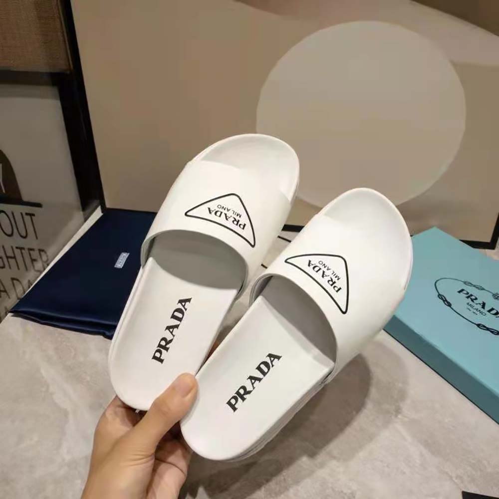 Prada Women Leather Slides in 20mm Heel-White