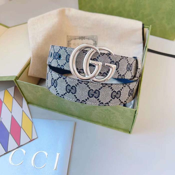 Gucci Unisex GG Marmont Reversible Belt Beige Blue Canvas Double G Buckle