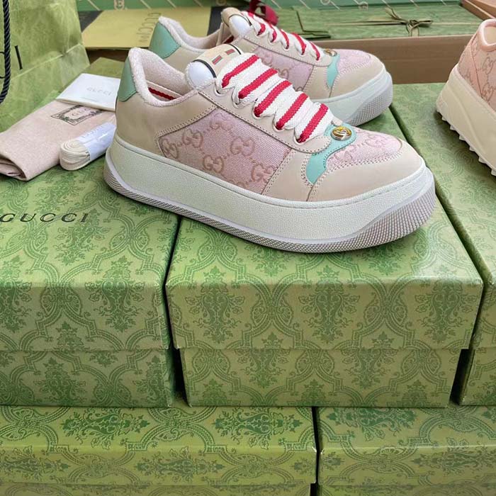 Gucci Unisex Screener Sneaker Pink GG Canvas Bi-Color Chunky Laces