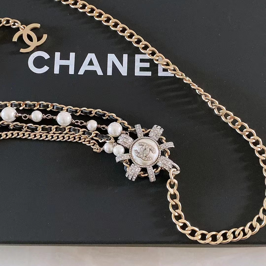 Chanel Women CC Chain Belt Calfskin Glass Pearls Black Pearly White Crystal Gold Silver-Tone Metal Strass