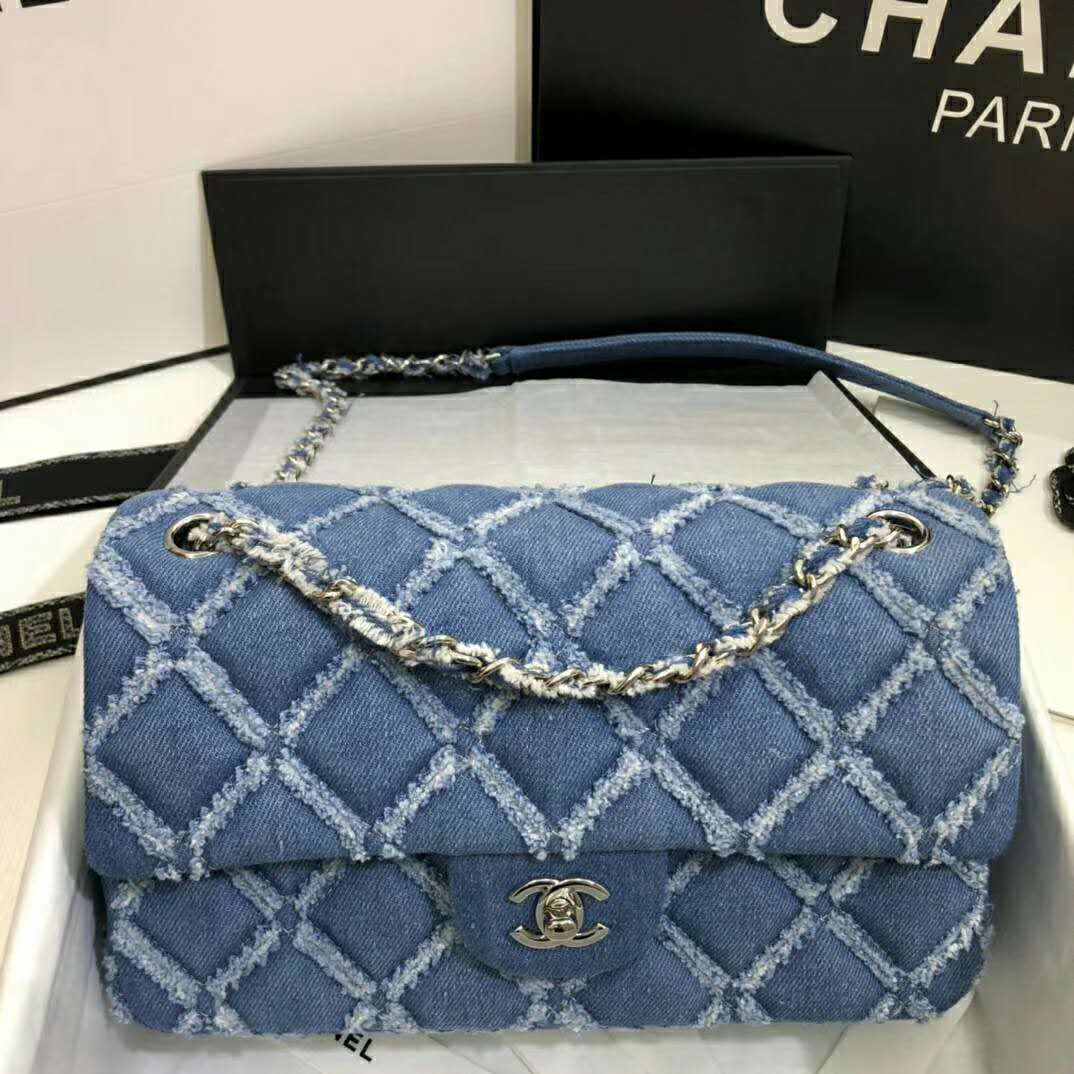 Chanel Women Large Flap Bag Denim & Silver-Tone Metal-Blue